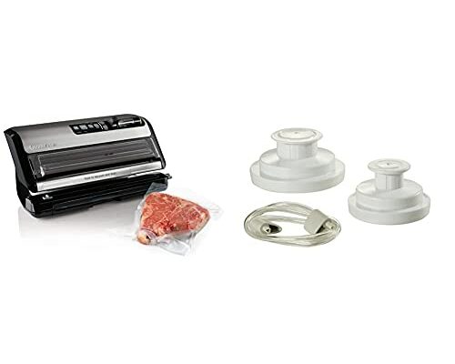 FoodSaver FM5200 2-in-1 Automatic Vacuum Sealer Machine | Silver, 9.3 x 17.6 x 9.6 inches & Regular Sealer and Accessory Hose Wide-Mouth Jar Kit, 9.00 x 6.00 x 4.90 Inches, White