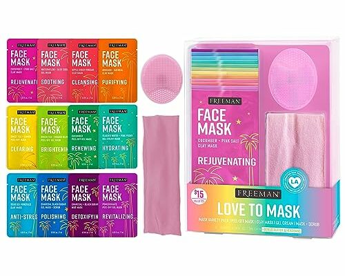 Freeman Facial Love To Mask 14 Piece Variety Pack: Oil Absorbing Clay, Detoxifying Charcoal, Clearing Peel Off, Hydrating Gel Cream, Exfoliating Scrub, With Bonus Buffer and Headband