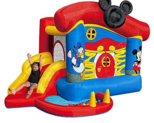 Funormous Disney Mickey Mouse Bounce House with Slide, Indoor Outdoor Inflatable Bouncy Castle Funhouse Ball Pit Plus Heavy Duty Air Blower