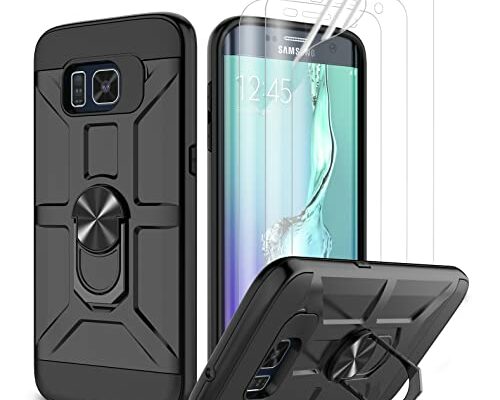 Galaxy S6 Edge Case, S6 Edge Phone Case with [3X HD Soft Screen Protector], Built-in Ring Kickstand and Magnetic Car Mount, Military Grade Shockproof Armor Rugged Case for Gaalxy S6 Edge - Black