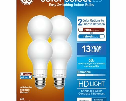 GE A19 LED Bulbs, 60W Equivalent, 2CCT Color Select Relax Soft White | Refresh Daylight, Enclosed Fixture Rated, 8W, 800 Lumens, Glass, Dimmable, UL Listed, E26 Medium Base (4 Pack)