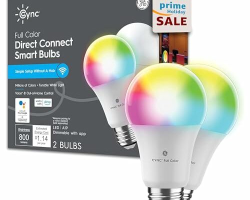 GE CYNC A19 Smart LED Light Bulbs, Color Changing Room Décor, Bluetooth and WiFi Light Bulbs, 60W Equivalent, Work with Amazon Alexa and Google Home (2 Pack)