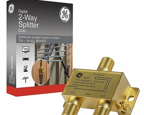 GE Digital 2-Way Coaxial Cable Splitter, 2.5 GHz 5-2500 MHz, RG6 Compatible, Works with HD TV, Satellite, High Speed Internet, Amplifier, Antenna, Gold Plated Connectors, Corrosion Resistant, 33526