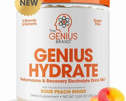 Genius Hydrate Powder Drink Mix Sour Peach Rings 50 Servings Natural Electrolyte Hydration Booster Endurance Supplement with Coconut Water Potassium Magnesium Zinc Sugar Free No Artificial Sweeteners