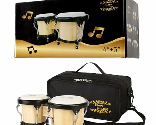 Glory Bongo Drums 4” and 5” Wood Percussion Instrument Bongos with bag and tuning Key,Natural