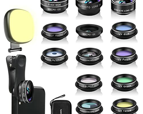 Godefa Phone Camera Lens Kit, 14 in 1 Lenses with Selfie Light for iPhone 14 13 12 11 Xs X Pro Samsung and other Andriod Smartphone, Universal Clip on Wide Angle+Macro+ Fisheye Camera Lenses