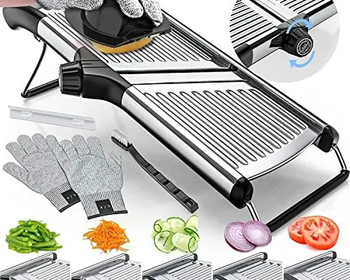 Gramercy Adjustable Mandoline Food Slicer, Mandoline Slicer for Kitchen, Mandolin, Potato Slicer, Tomato Slicer, Carrot Slicer, Onion Slicer - Stainless Steel - INCLUDING One Pair Cut-Resistant Gloves