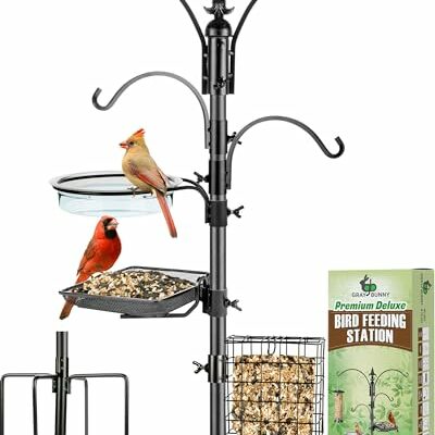 Gray Bunny 91” Bird Feeder Pole, Bird Feeder Stand Set with 7 Accessory Attachments with Multiple Shepherds Hook for Bird Feeders for Outside, Sturdy 5-Prong Base, Stainless Steel Bird Feeder Hanger