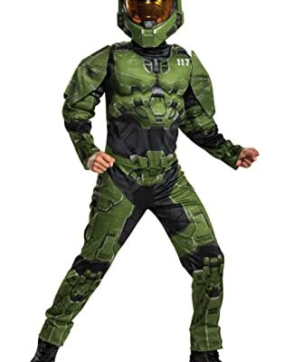 Halo Infinite Master Chief Costume, Kids Size Muscle Padded Video Game Inspired Character Jumpsuit, Child Size Large (10-12), Green & Black