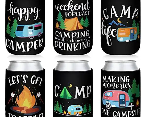 Happy Camper Party Can Sleeves Neoprene Soda Can Beverage for Camping Picnic Outdoor Activities Supplies Set of 6 for Camping Theme Birthday Party Decoration Supplies