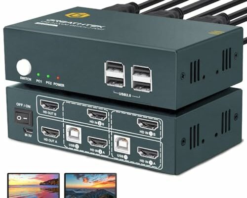 HDMI KVM Switch 2 Monitors 2 Computers,2 Port Dual Monitor Kvm Switcher for 2 Computers to Share 4 USB 2.0 Hub,UHD 4K@60Hz Resolution Downward Compatible,EDID Emulators