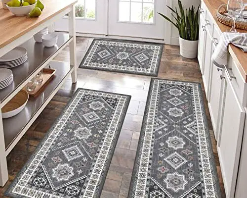 HEBE Boho Kitchen Rug Sets 3 Piece with Runner Non Slip Kitchen Rugs and Mats Washable Kitchen Mats for Floor Thick Kitchen Floor Mat Carpet Runner Rugs for Hallway Laundry Holiday Decor