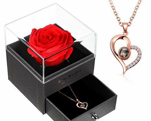 Hicarer I Love You Necklace 100 Languages Projection Heart Pendant Necklace with Red Rose Jewelry Storage Box Gifts for Mom Mama Mother's Day Wife Girlfriend Wedding Birthday(Rose Gold)