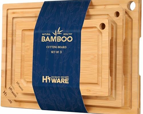 Hiware Wood Cutting Boards for Kitchen, Heavy Duty Bamboo Cutting Board with Juice Groove, Bamboo Chopping Board Set for Meat, Vegetables - Set of 3