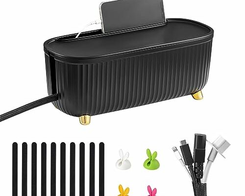 Homebliss Cable Management Box - Cord Organizer Box 13.7 * 5.9 * 5.3in -Insulated Cable Storage Box for TV, Computer, Laptop Power Strips -Fashionable Power Strip Box for Home, Office - Black