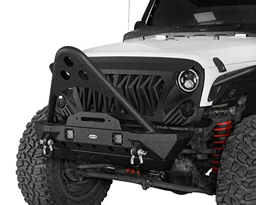 Hooke Road Wrangler JK Stinger Bumper, Aggressive Stubby Front Bumper w/LED Lights & Winch Plate for 2007-2018 Jeep Wrangler JK 2/4 Doors