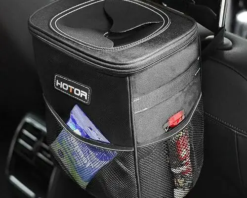 HOTOR Car Trash Can with Lid and Storage Pockets - 100% Leak-Proof Organizer, Waterproof Garbage Can, Multipurpose Trash Bin for Car, 2 Gallons, Black