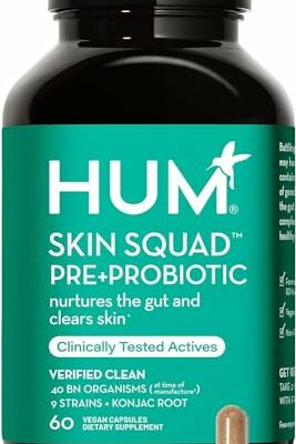 HUM Skin Squad - Probiotic Supplement for Clear Skin & Gut Health - Microbiome Probiotics for Problem Skin & Breakouts (60 Vegan Capsules, 30 Day Supply)