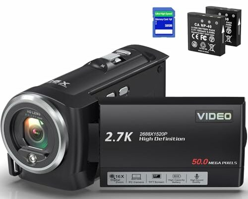 JAUAMAP Video Camera Camcorder, QHD 2.7K Camcorder 50MP 16X Digital Video Camera for YouTube, 2.8'' 270 Degree Rotation Screen Video Recorder Vlogging Camera with 32GB Card and Two Batteries