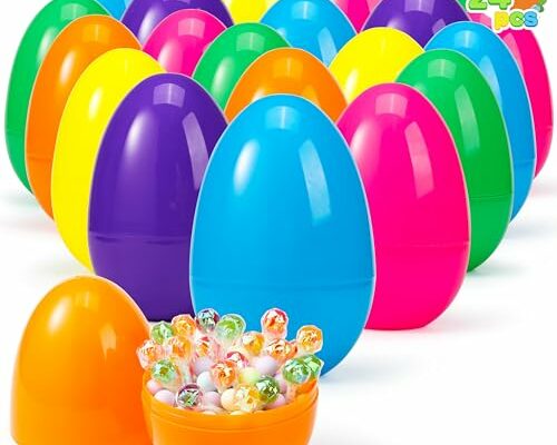 JOYIN 24 Pcs 7" Jumbo Plastic Easter Eggs, Bright Empty Eggs Assorted Colors for Filling Treats, Easter Theme Party Favor, Easter Eggs Hunt, Basket Stuffers Fillers, Classroom Prize Supplies Toy