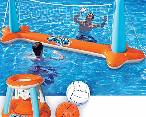 JOYIN Inflatable Pool Float Set Volleyball Net & Basketball Hoops, Floating Swimming Game Toy for Kids and Adults, Summer Floaties, Volleyball Court (105”x28”x35”)|Basketball (27”x23”x27”),L-Orange