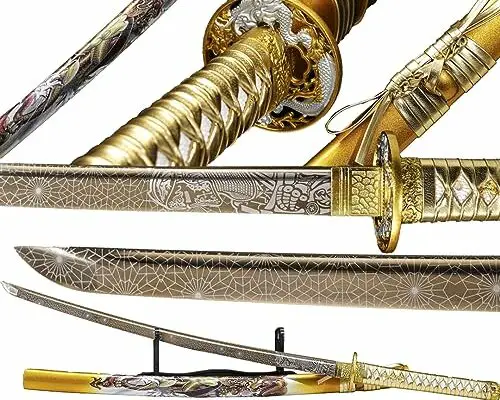 Kamaiwo-1045/1060 high Carbon Steel Hademade Heat Tempered Full Handmade Hand Forged Japanese Katana Authentic，Sword Real Weapons，Full Tang,Functional,Practical Sharp，golden