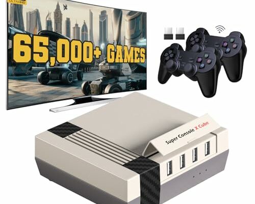 Kinhank Video Games Consoles 256G, Super Console X Cube Retro Game Console with 65000+ Classic Games, 4 USB Port,Up to 5 Players, 2 Wireless Game Controllers