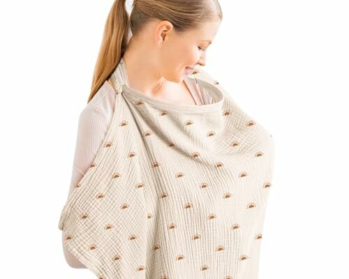 Konssy Muslin Nursing Cover for Baby Breastfeeding, Breathable 100% Cotton Breastfeeding Cover with Rigid Hoop for Mother Nursing Apron, Multi-use Carseat Canopy (Sun)