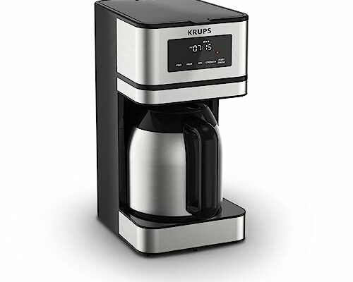 Krups Coffee Maker Simply Brew Stainless Steel and Thermal Carafe 12 Cup Programmable, Customizable, Digital Display, Insulated Coffee Filter, Dishwasher Safe, Drip Free Silver and Black