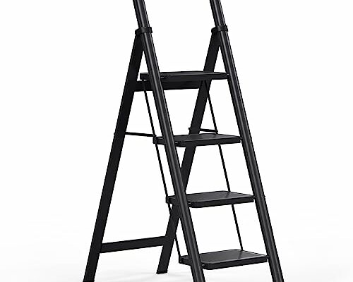 Ladder EFFIELER 4 Step Ladder, 4 Step Stool Folding Step Stool with Handrails, Sturdy Step Stool for Adult, Gorilla Ladders 500LBS Capacity Sturdy& Portable Ladder for Home Kitchen Library Office