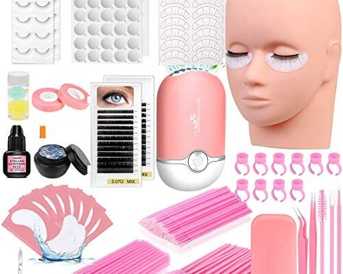 Lashes Kit for Beginner, Eyelash Extension Kit with Eye Lash Mannequin Head, Individual Lash Glue, Eyelash Remover, Fan, Extension Supplies Tools for Practice Training