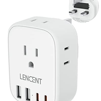 LENCENT US to UK Ireland Travel Plug Adapter, Grounded Type G Outlet Adaptor with 4 USB Charger(2 USB C), 4 Outlets Converter for USA to Dubai Scotland British London England Hong Kong Irish Qatar