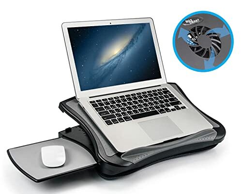 MAX SMART Laptop Lap Pad Laptop Stand with Attached Mouse Pad, Cushion and USB Cooling Fan, Non-Slip Heat Shield Tablet Computer Stand for Sturdy Work Station for Home, Office, Bed Sofa, Couch and Car