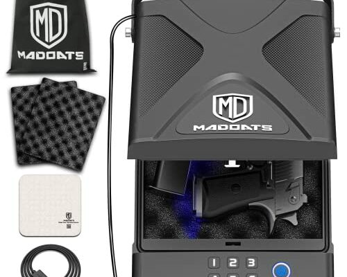 MD MADOATS Car Gun Safe, Portable Biometric Safes for Pistols with Cable, Fingerprint & Keypad & Key Access Handgun Lock Box for Vehicle Travel Home (Metal Logo)