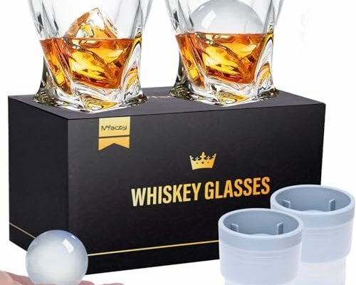 Mfacoy Old Fashioned Whiskey Glasses Set of 4 (2 Crystal Bourbon Glasses, 2 Round Big Ice Ball Molds 11 Oz Rocks Glass with Gift Box, Barware for Scotch Cocktail Rum Vodka Liquor, Gifts for Men