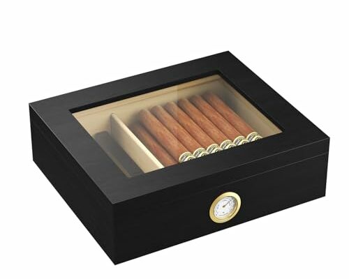 Mojgar Handmade Wooden Cigar Humidor Desktop,20-30 Counts Capacity,Travel Glass Top Cigar Box Portable with Mechanical Hygrometer,Humidifiers and Divider,Suitable for Home,Office and Bar,Black