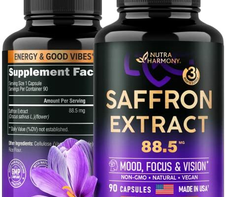 Natural Saffron Supplements - Pure Saffron Extract 88.5 mg - Made in USA - Mood | Focus | Vision | Energy Support - Eye Health for Women & Men - NonGMO Vegan Pills - 90 Powder Capsules, 3 Month Supply