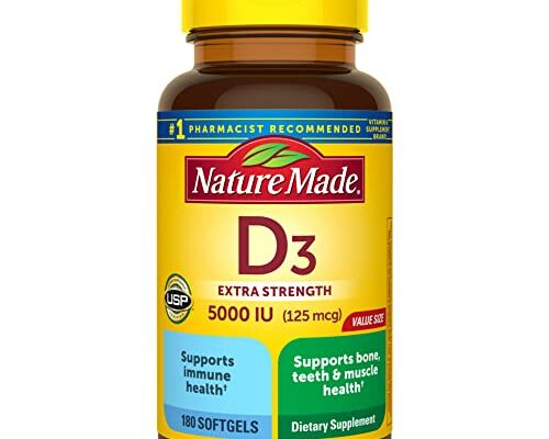 Nature Made Extra Strength Vitamin D3 5000 IU (125 mcg), Dietary Supplement for Bone, Teeth, Muscle and Immune Health Support, 180 Softgels, 180 Day Supply