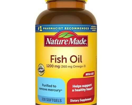 Nature Made Fish Oil 1200 mg Softgels, Fish Oil Supplements, Omega 3 Fish Oil for Healthy Heart Support, Omega 3 Supplement with 230 Softgels, 115 Day Supply