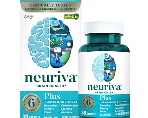 NEURIVA Plus Brain Supplement for Memory and Focus Clinically Tested Nootropics for Concentration for Mental Clarity, Cognitive Enhancement Vitamins B6, B12, Phosphatidylserine 30 Capsules