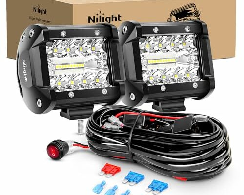 Nilight LED Light Bar 2PCS 60W 4 Inch Flood Spot Combo Work Light Pods Triple Row Driving Lamp with 12 ft Wiring Harness kit - 2 Leads,2 Year Warranty