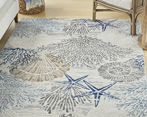 Nourison Pompeii Ivory Grey Blue 5'3" x 7'3" Area Rug, Coastal, Beach, Nautical, Easy Cleaning, Non Shedding, Bed Room, Living Room, Hallway, (5'3" x 7'3")