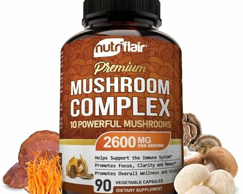 NutriFlair Mushroom Supplement 2600mg, 90 Capsules - 10 Mushrooms Blend - Reishi, Lions Mane, Cordyceps, Chaga, Turkey Tail, Maitake, Shiitake, Oyster Nootropic Complex - Brain, Energy, Focus Pills