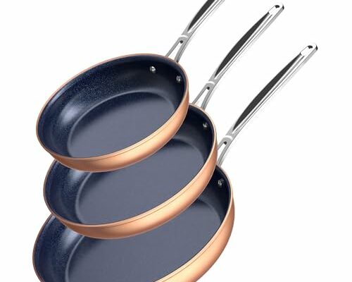 Nuwave 3-Piece 8”, 10”, 12” Forged Lightweight Frying Pan Set, G10 Healthy Duralon Blue Ceramic Ultra Non-Stick, Ergonomic Stay-Cool Handles, Induction-Ready & Works on All Cooktops