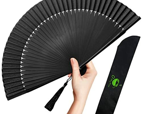 OMyTea Folding Hand Fan for Women - Foldable Chinese Japanese Vintage Bamboo Silk Fan - for Hot Flash, Church, Decoration, EDM, Music Festival, Dance, Party, Performance, Gift (Solid Sexy Black)