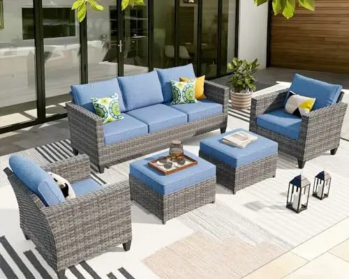 ovios Patio Furniture Set, 5 Pieces Outdoor Wicker Rattan Sofa Couch with Chairs, Ottomans and Comfy Cushions, All Weather High Back Conversation Set Garden Backyard, Denim Blue