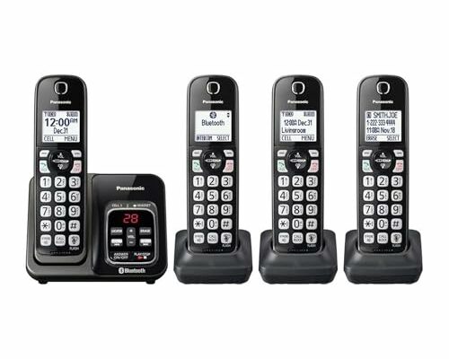 PANASONIC Expandable Cordless Phone System with Link2Cell Bluetooth, Voice Assistant, Answering Machine and Call Blocking - 4 Cordless Handsets - KX-TGD564M (Metallic Black)