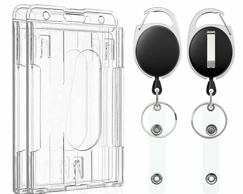 Pawfly 2 Pack Vertical 2-Card Badge Holder with Thumb Slots Hard Transparent PC Case Protector with Retractable Badge Reel Carabiner Clip for IDs Credit Cards Driver’s Licenses and Passes