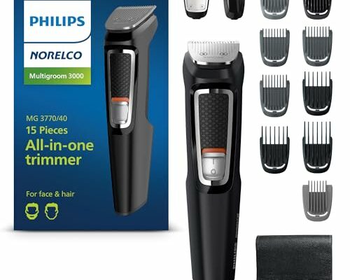 Philips Norelco Multigroom Series 3000, All-in-One Trimmer and Hair Clipper, 15-Piece Men's Grooming Kit for Beard, Face, Nose, and Ear, No Blade Oil Needed, Storage Pouch, Model MG3770/40