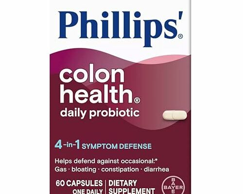 Phillips' Colon Health Daily Probiotic Capsules, 4-in-1 Symptom Defense to help defend against Occasional Gas, Bloating, Constipation, and Diarrhea, Daily Supplement, 60 Count